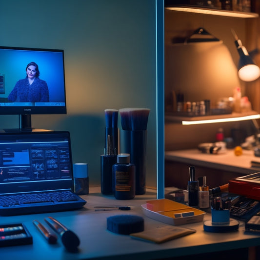 A split-screen image featuring a cluttered, dimly lit makeup station with scattered brushes and products on one side, and a sleek, organized digital dashboard with graphs and charts on the other.