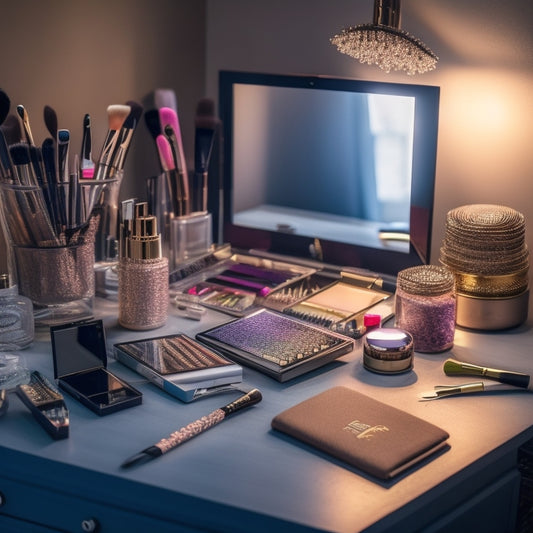 A cluttered, well-lit vanity with a mix of makeup brushes, palettes, and products scattered around a mirror, with a laptop and phone in the background, surrounded by dance-inspired accessories.