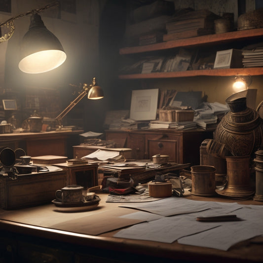 A dimly lit, cluttered workspace with scattered passion projects, abandoned half-finished, surrounded by dusty trophies and faded certificates, with a faint glow of a laptop screen in the background.