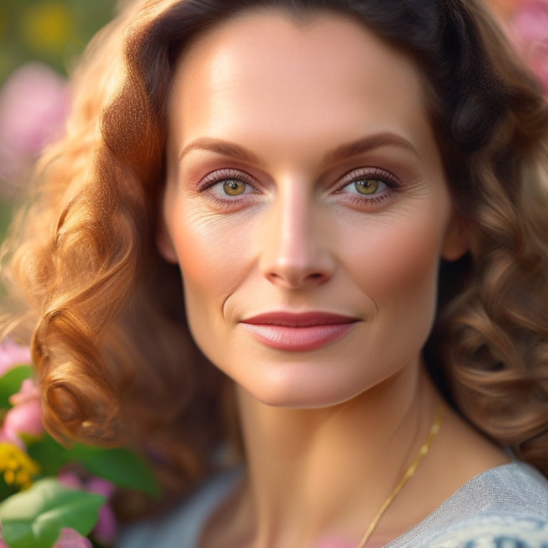 A serene, soft-focus portrait of a confident woman in her 30s with subtle, natural makeup, loose curls, and a gentle smile, surrounded by delicate flowers and greenery.