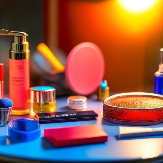 A close-up of a makeup artist's kit on a cluttered vanity, with various humid-resistant products, sweat-drenched makeup wipes, and a miniature fan in the background, amidst a blur of bright, sun-kissed colors.