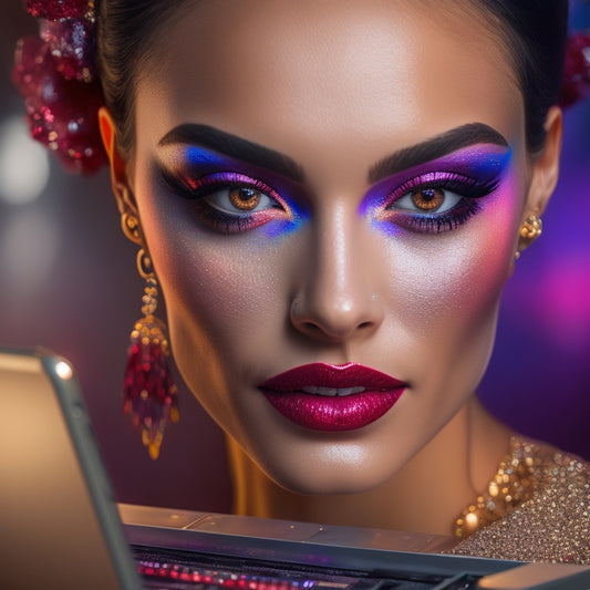 A close-up of a dancer's face, illuminated by a warm spotlight, with a vibrant, shimmering eyeshadow palette and bold, red lips, surrounded by scattered makeup brushes and a laptop in the background.