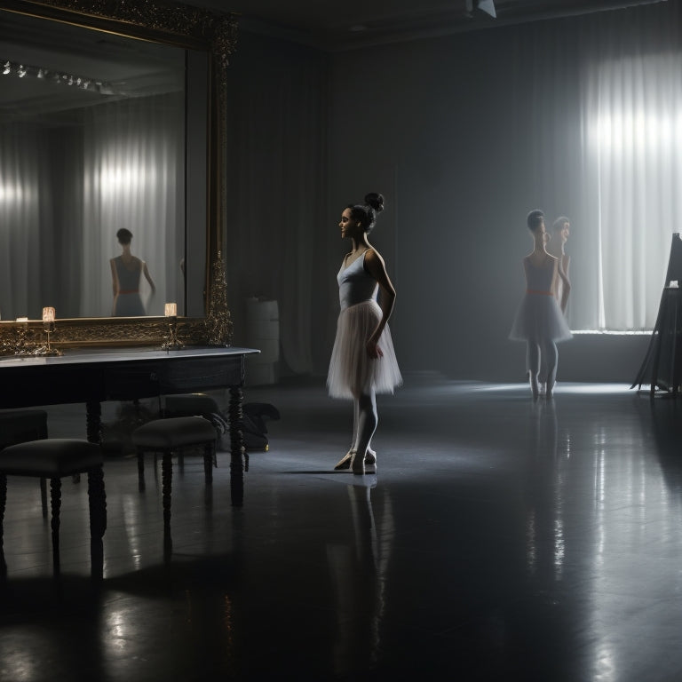 A serene, dimly lit dance studio with a lone, young adult standing in first position, surrounded by mirrors and ballet bars, with a few scattered ballet shoes and towels.