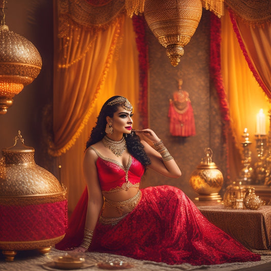 A warm, golden-lit studio scene featuring a belly dancer in a flowing, crimson costume, surrounded by an elegant, ornate mirror, lavish fabrics, and exotic, colorful props like fans, veils, and ornamental lanterns.