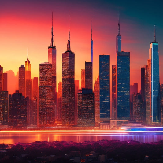 A stylized illustration of NYC's iconic skyline at sunset, with glowing data streams and colorful lines weaving through skyscrapers, representing diverse public datasets.