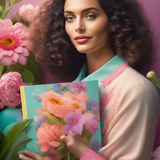 A vibrant, colorful illustration of a confident woman surrounded by blooming flowers, holding a planner with a subtle floral pattern, amidst a background of soft, pastel hues and gentle, swirling shapes.