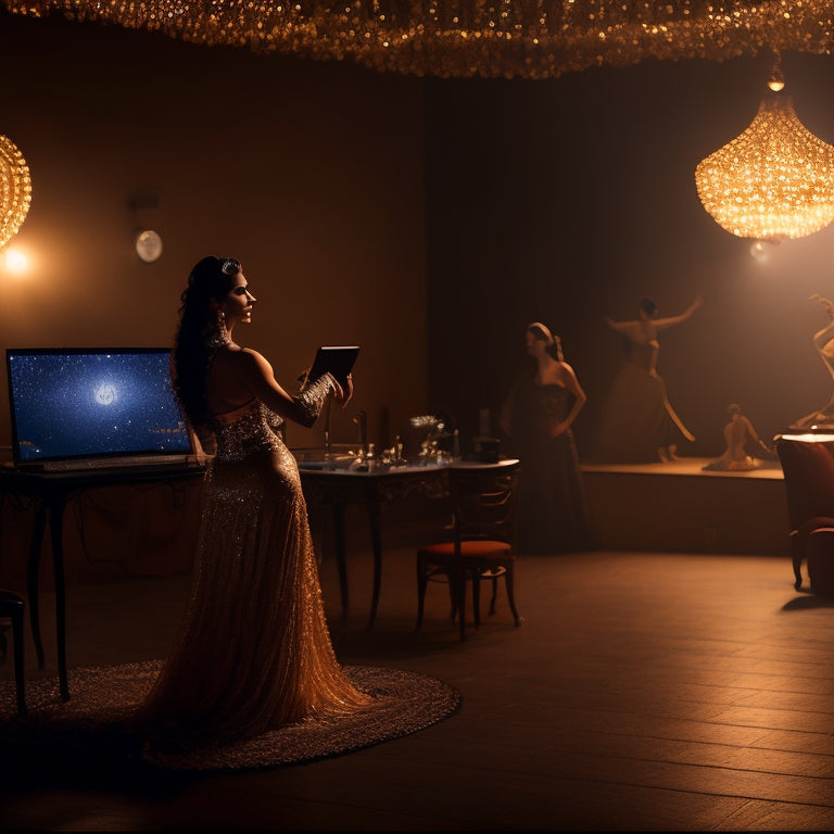 A serene, dimly lit dance studio with a lone, elegant woman in a flowing, shimmering costume, surrounded by laptops and tablets displaying belly dance tutorials.