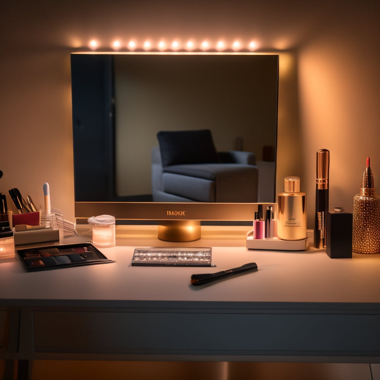 A beautifully lit, minimalist makeup station with a laptop, a mirror, and a few select makeup brushes and products, surrounded by dance-inspired elements like a ballet shoe or a feather boa.