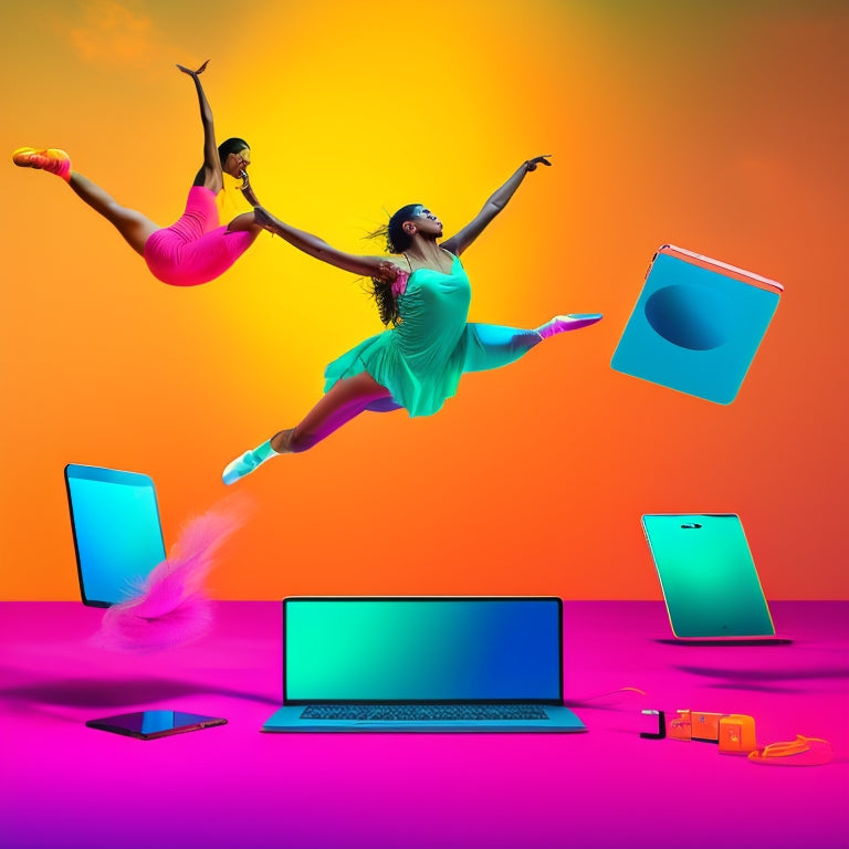 A whimsical illustration of a dancer in mid-leap, surrounded by laptops, tablets, and smartphones, with dancing silhouettes emerging from screens, set against a vibrant, gradient-colored background.