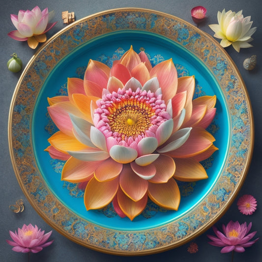 A vibrant, stylized illustration featuring a lotus flower blooming in the center, surrounded by various traditional Oriental art forms, such as calligraphy, painting, and ceramics, radiating outward in a spiral pattern.