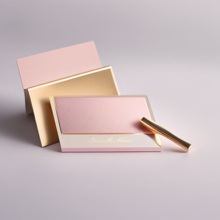 A luxurious, gold-trimmed business card with a sleek, minimalist design, featuring a delicate makeup brush and a subtle, shimmering eyeshadow palette on a soft, rose-colored background.