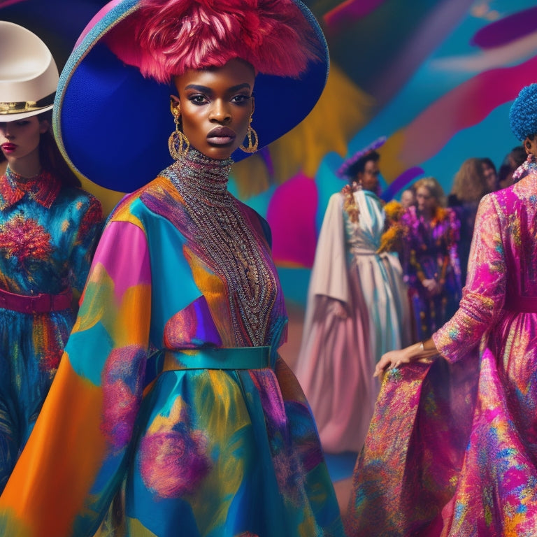 A vibrant, sprawling illustration of a fashion show, with models showcasing eclectic, hand-painted garments amidst a whirlwind of colorful fabrics, bold accessories, and dynamic brushstrokes.