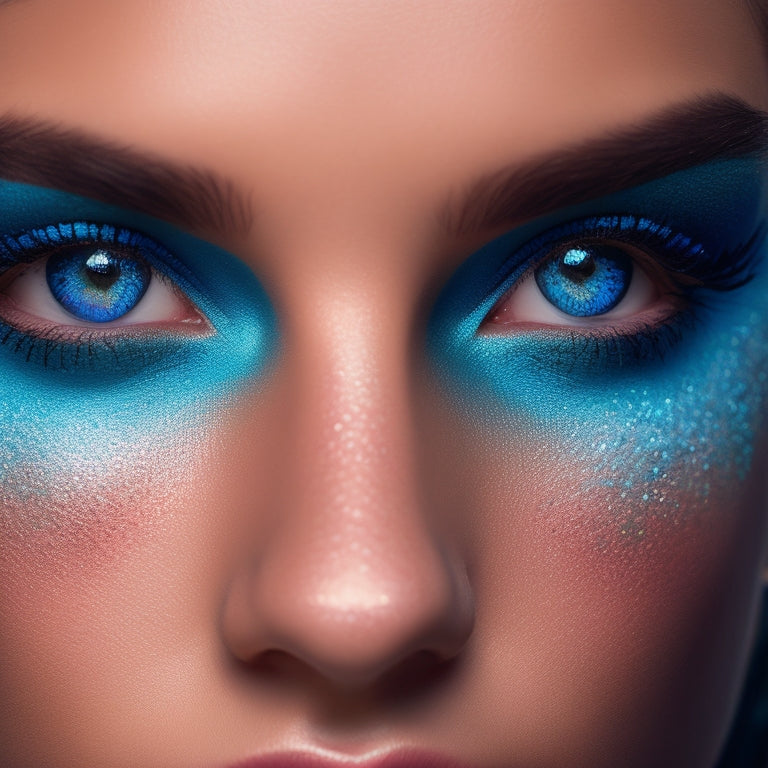 A mesmerizing, close-up portrait of a dancer's face, with bold, shimmering eyeshadows in shades of emerald green and sapphire blue, paired with luscious, voluminous lashes and a radiant, sun-kissed glow.