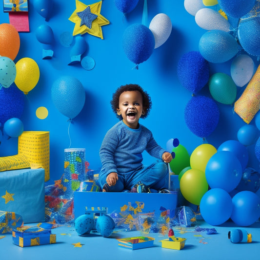 A colorful illustration of a happy child surrounded by Bluey toys, playsets, and accessories, with a large blue bundle in the center, surrounded by confetti and balloons.