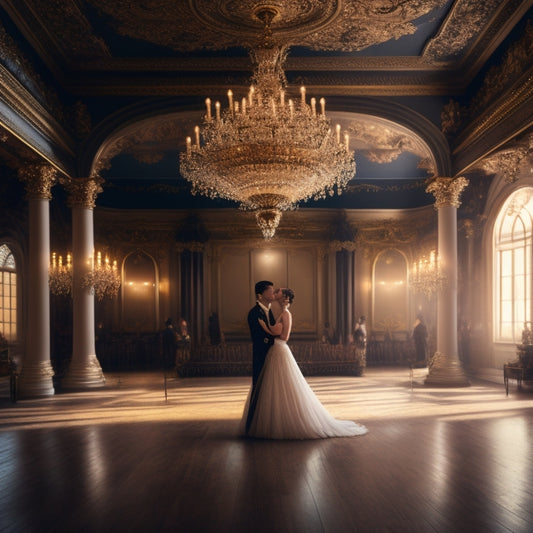 A whimsical illustration of a grand, ornate ballroom, empty except for a lone, elegant couple in mid-waltz, surrounded by hints of musical notes and swirling, ethereal lights.