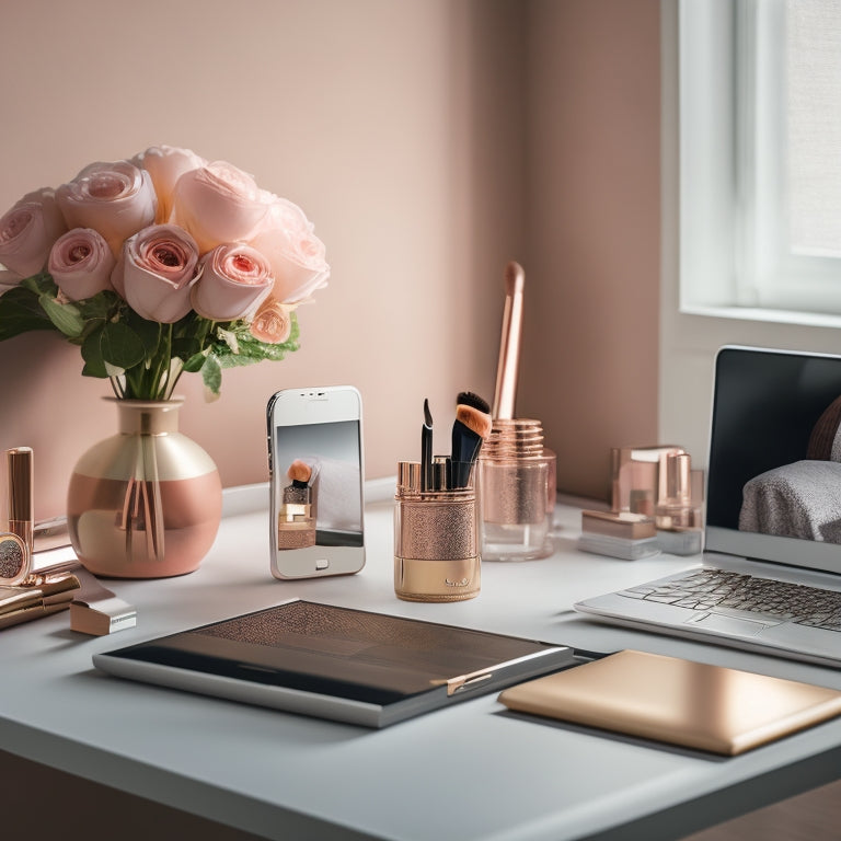 A clutter-free desk with a sleek laptop, smartphone, and tablet, surrounded by makeup brushes, a color palette, and a mirror, amidst a subtle beauty-themed wallpaper.