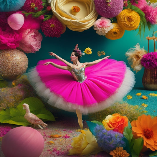 A whimsical illustration featuring a mix of colorful ballet-themed elements, including tutus, ballet shoes, flowers, and ribbons, swirling together in a delicate, dreamy dance.