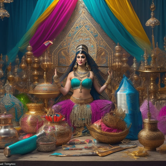 A colorful, whimsical illustration of a belly dancer surrounded by various props, including veils, wings, and swords, with crafting tools and materials scattered in the background.
