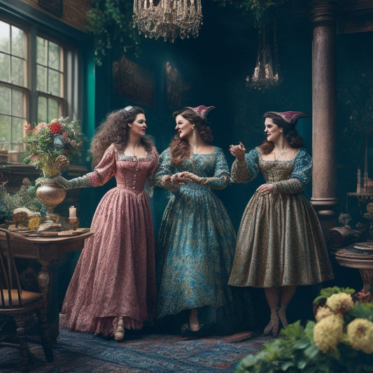 A whimsical illustration featuring a trio of witches in flowing, floral-print dresses, dancing amidst a vintage-inspired backdrop of distressed wooden furniture, candelabras, and lush greenery.