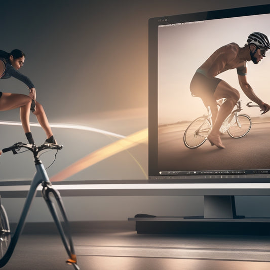 A minimalist illustration featuring a computer screen displaying a video recording software interface, surrounded by motion blur trails of a dancer, cyclist, and athlete in action.