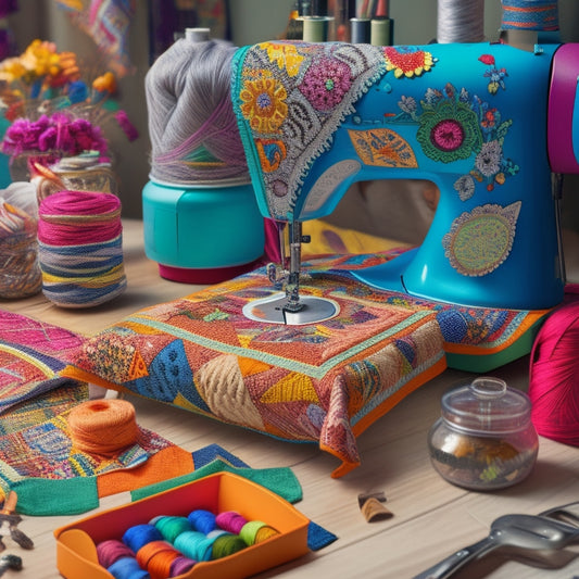 A colorful, whimsical illustration featuring a mix of vibrant fabrics, threads, and quilting tools scattered around a sewing machine, with a stylized quilt piece in the background showcasing Alexandra Bordallo's new patterns.