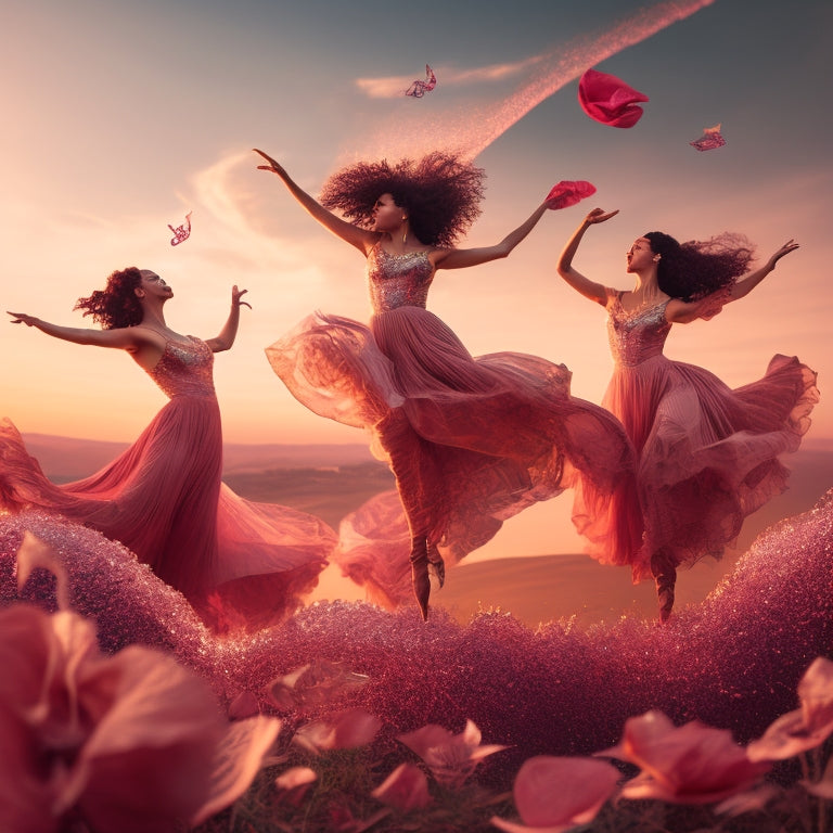 A whimsical illustration of three dynamic women dancers in mid-air, surrounded by swirling tendrils of music notes, flowing ribbons, and scattered rose petals, set against a warm, sunset-colored background.