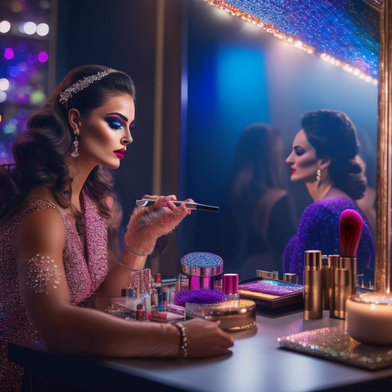 A glamorous, dimly lit backstage area with a vanity mirror, surrounded by an array of colorful makeup products and brushes, with a dancer's elegant hand holding a makeup brush, applying a stroke of sparkling glitter eyeliner.