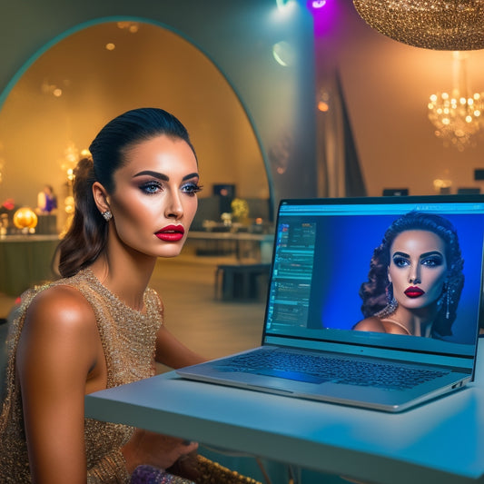 A glamorous, spotlit dancer in a sleek, modern studio, surrounded by mirrors and makeup stations, with a laptop and tablet displaying online course tutorials in the foreground.