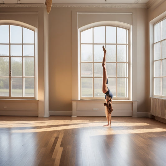 A serene dance studio with a wooden floor, a dancer in a graceful pose, highlighting their feet in supportive arch exercises. Soft natural light streams through large windows, creating a calming atmosphere.