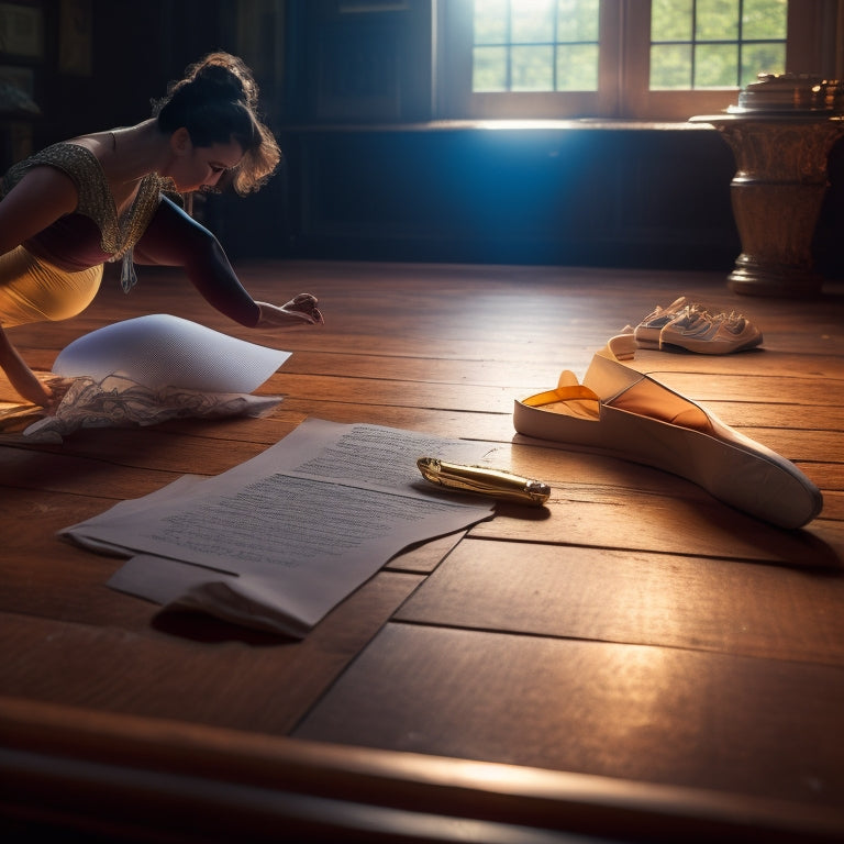 A spotlight shines on a dancer's pointed toes, poised on a wooden floor, surrounded by scattered dance shoes and a few sheets of paper, with a elegant, swirling pen lying across them.