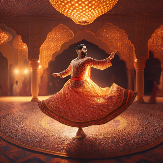 A whimsical illustration featuring a Sufi dancer in mid-whirl, surrounded by swirling patterns of intricate Islamic geometry, amidst a warm, golden light that radiates from a central, glowing lantern.