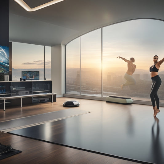 A futuristic home studio with a large screen displaying a virtual dance instructor in mid-pose, surrounded by dance mats, mirrors, and exercise balls, with a cityscape visible through the window.