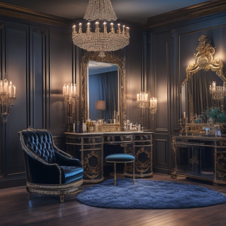A luxurious, dimly lit makeup studio with a elegant, velvet-covered makeup chair, surrounded by sleek, modern makeup stations, and a stunning, floor-to-ceiling, crystal chandelier.