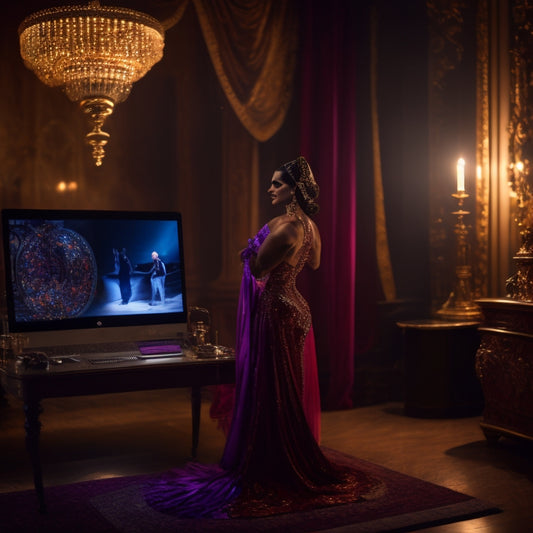 A warm-lit, velvet-draped studio with a lone dancer in a flowing, jewel-toned costume, surrounded by mirrors, practicing intricate arm waves and hip isolations in front of a laptop screen.