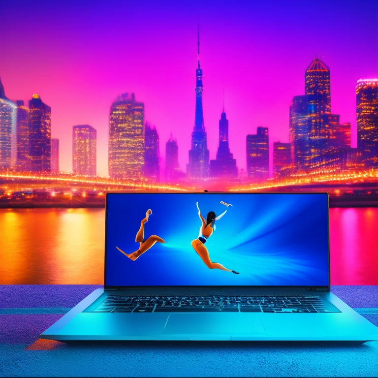 A vibrant illustration of a laptop open to a virtual dance studio, surrounded by dancing silhouettes in various styles, with ballet bars, mirrors, and a cityscape in the background.