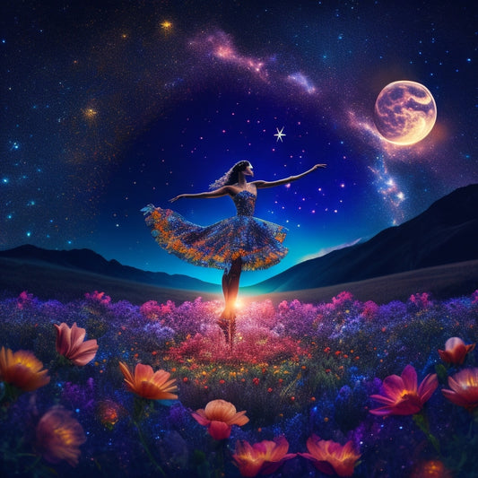 A whimsical, dreamlike illustration featuring a dancer's silhouette with vibrant, swirling tattoos that morph into flowers, music notes, and abstract patterns, set against a dark, starry night sky.