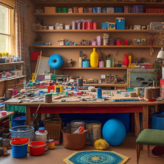 A cluttered but organized workshop table with various craft supplies, including fabrics, paints, and materials, surrounded by half-finished props and DIY tools, with a miniature stage or shelf in the background.