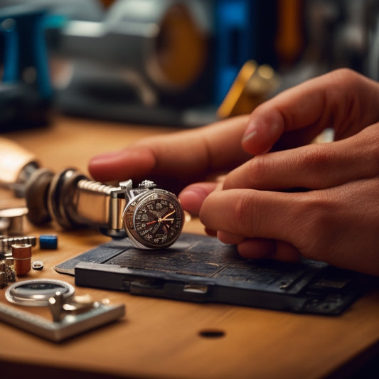 A close-up of a young student's hands holding a half-assembled mechanical watch, surrounded by tools and parts, with a blurred background of a modern watchmaking workshop.
