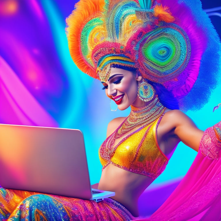 A vibrant illustration featuring a dancing woman in a colorful belly dance costume, surrounded by swirling musical notes, headphones, and a laptop with a playlist on the screen.