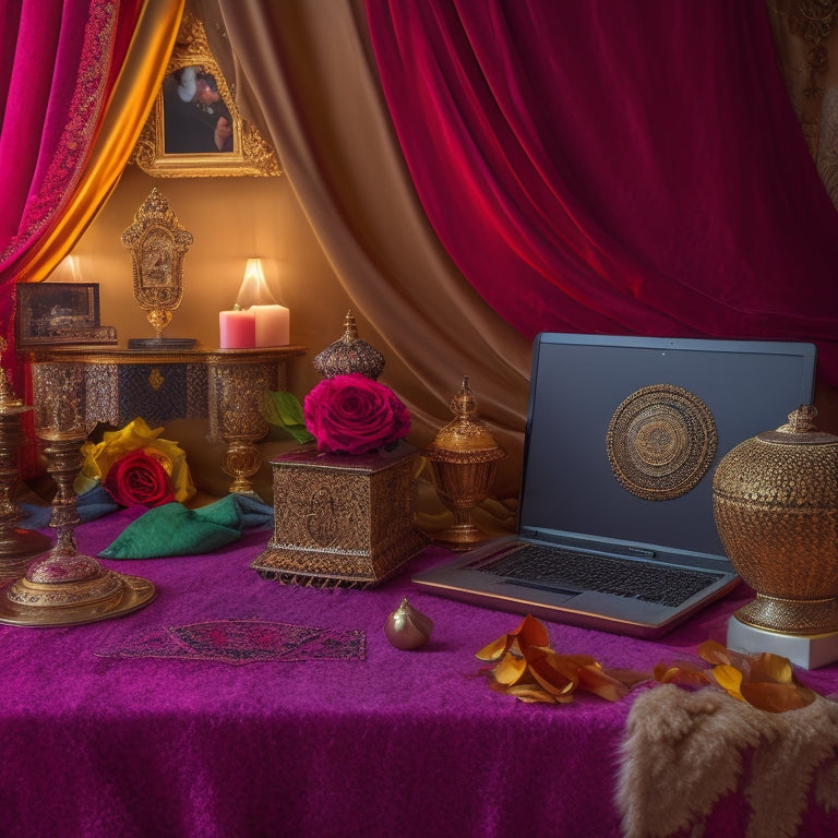 A warm, golden-lit studio with a beautiful, ornate mirror, and a laptop open on a velvet-draped table, surrounded by Middle Eastern-inspired textiles, belly dance props, and a few scattered rose petals.