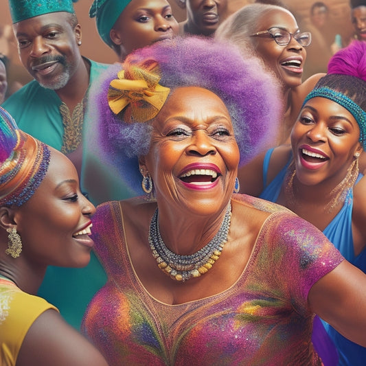 A vibrant illustration of Cleo Parker Robinson, a renowned dancer, surrounded by a diverse group of people from different ages and ethnicities, all dancing together in a joyful, swirling motion.