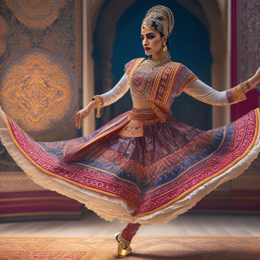 A stylized illustration of a Middle Eastern dancer in motion, surrounded by Arabic-inspired patterns and subtle digital circuitry elements, blending traditional and modern elements.