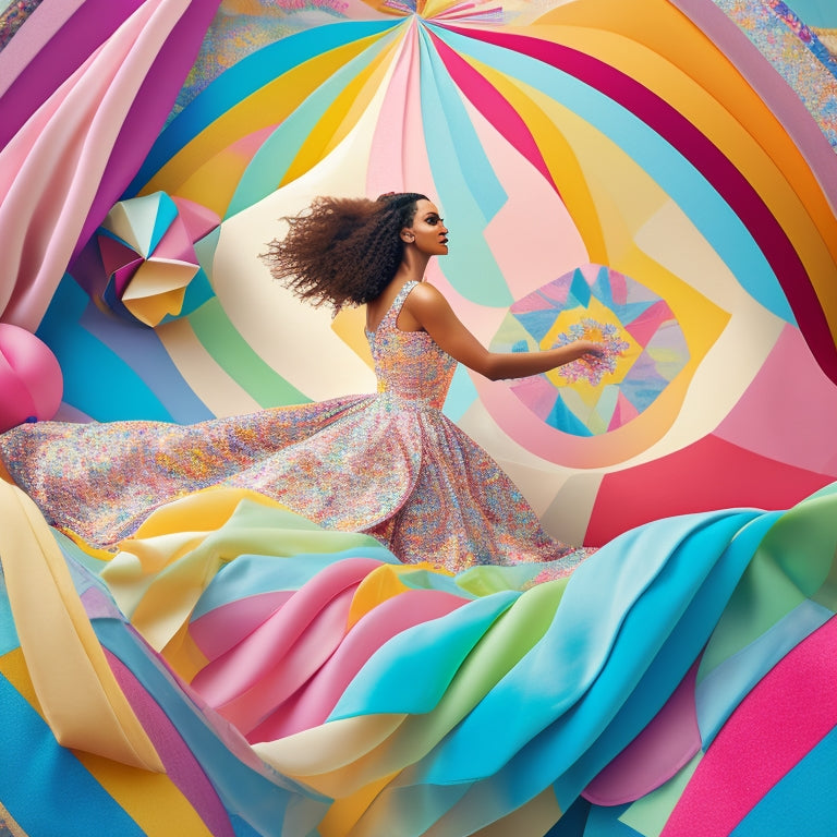 A whimsical illustration featuring a woman in a flowing dress, surrounded by swirling ribbons in shades of pastel pink, blue, and yellow, dancing amidst a kaleidoscope of colorful quilt pieces.