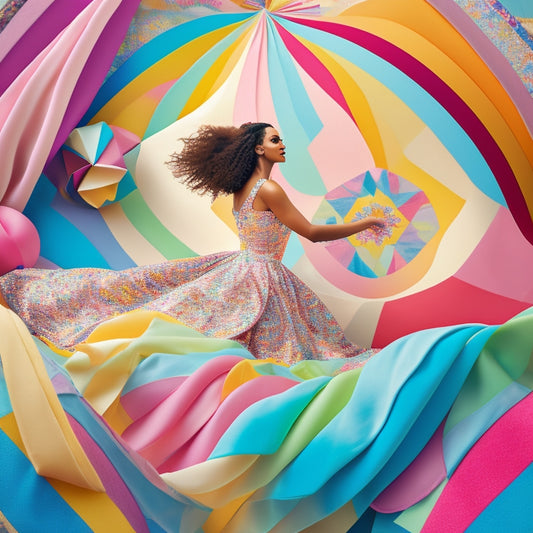 A whimsical illustration featuring a woman in a flowing dress, surrounded by swirling ribbons in shades of pastel pink, blue, and yellow, dancing amidst a kaleidoscope of colorful quilt pieces.