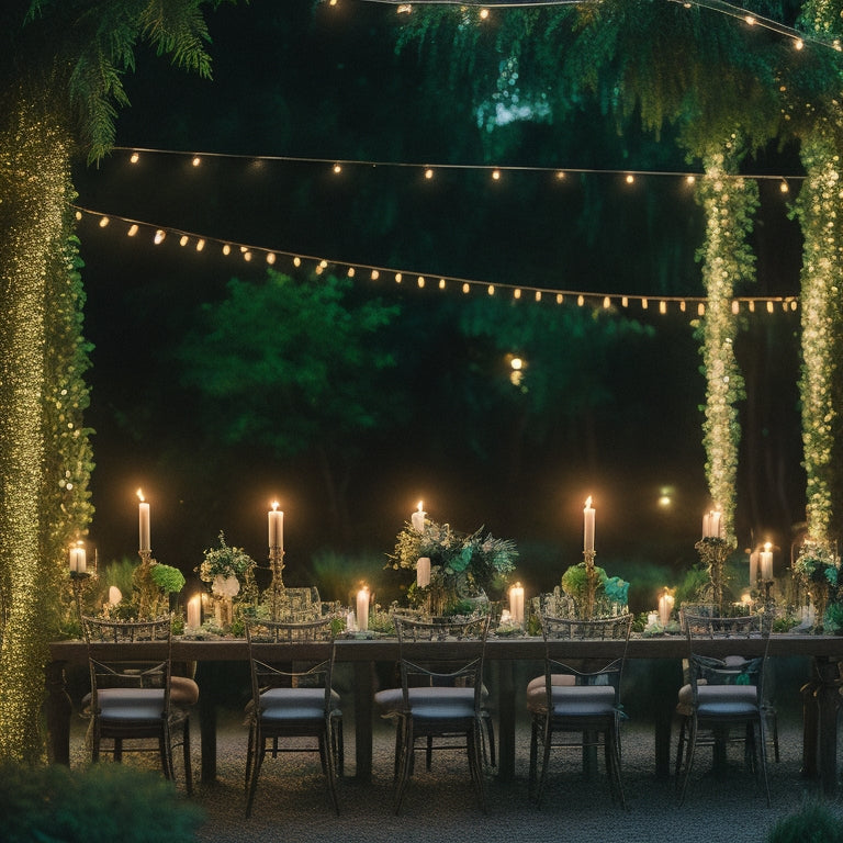 A warm, golden-lit wedding reception at dusk, with a delicate, lace-covered wedding arch adorned with glowing, soft-green glowsticks, surrounded by lush greenery and twinkling string lights.