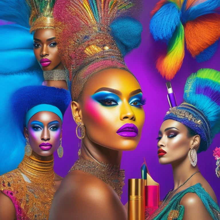 A colorful, dynamic illustration featuring a diverse group of dance makeup artists from various online communities, surrounded by makeup brushes, mirrors, and dance-inspired accessories.