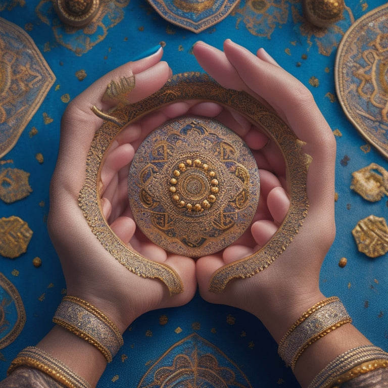 A mesmerizing illustration of a dancer's hands holding zills, surrounded by swirling patterns of Middle Eastern-inspired geometric shapes, with intricate rhythms and musical notes dancing in the air.