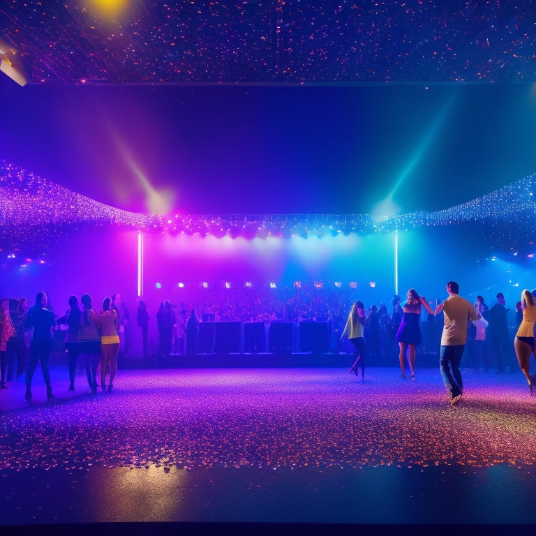 A vibrant illustration of a dance floor at night, with confetti, balloons, and flashing lights, featuring a central banner with a customizable template design, surrounded by dancing silhouettes.