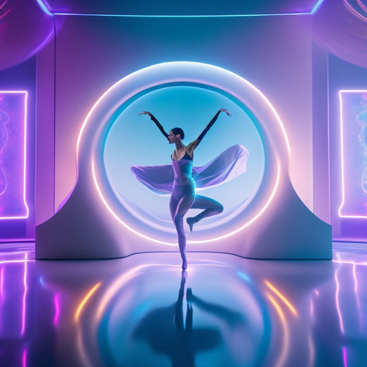 A futuristic dance studio with neon-lit mirrors, holographic screens, and sleek lines, featuring a dancer in mid-air, surrounded by swirling digital particles and abstract shapes.