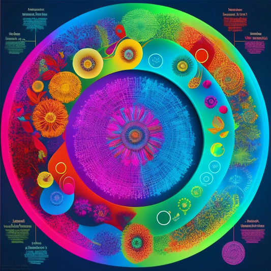 A vibrant, colorful mind map with interconnected circles and swooping arrows, featuring a dancing silhouette at the center, surrounded by swirling patterns of musical notes, flowers, and abstract shapes.